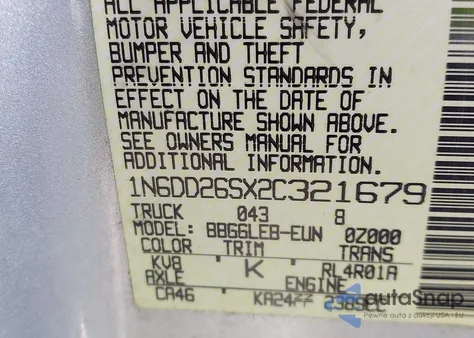 2002 Nissan Frontier Xe z USA, uszkodzony, nr VIN 1N6DD26SX2C321679